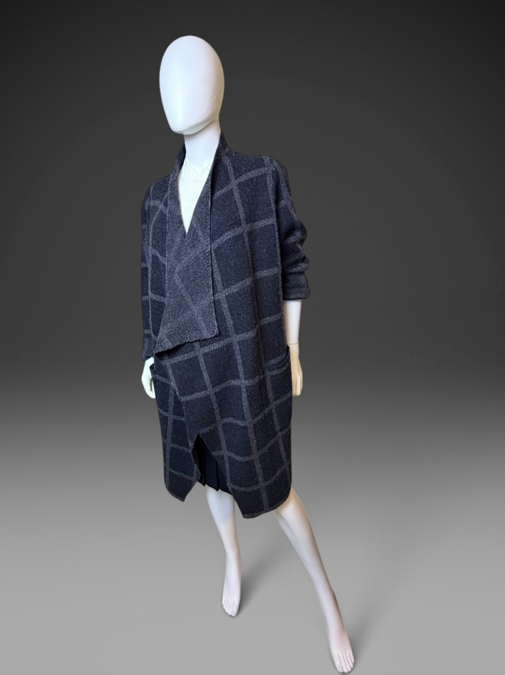 Eileen Fisher Gray Windowpane Merino Wool Long Cardigan Small